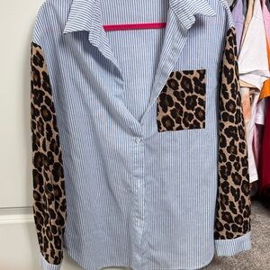 Striped & Leopard Print Mixed Media Button-Down - Size M